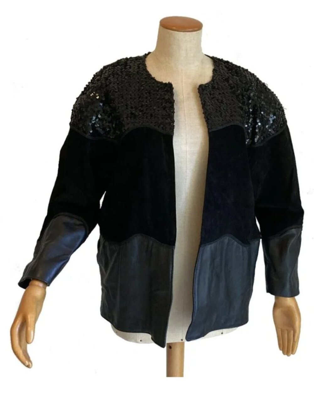 Vintage 1980s Positano Pelle Leather Suede Sequin Jacket Black Small Glam